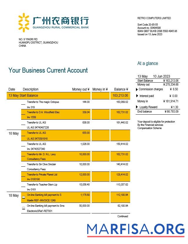 Realistic Guangzhou Rural Commercial Bank company statement Word and PDF template